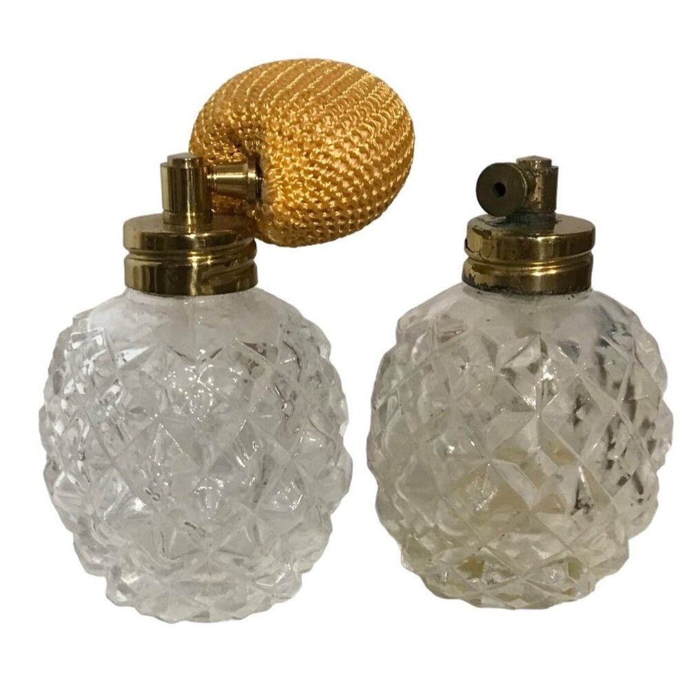 Vintage Crystal Glass Perfume Bottles With Gold Atomizer Set Of 2